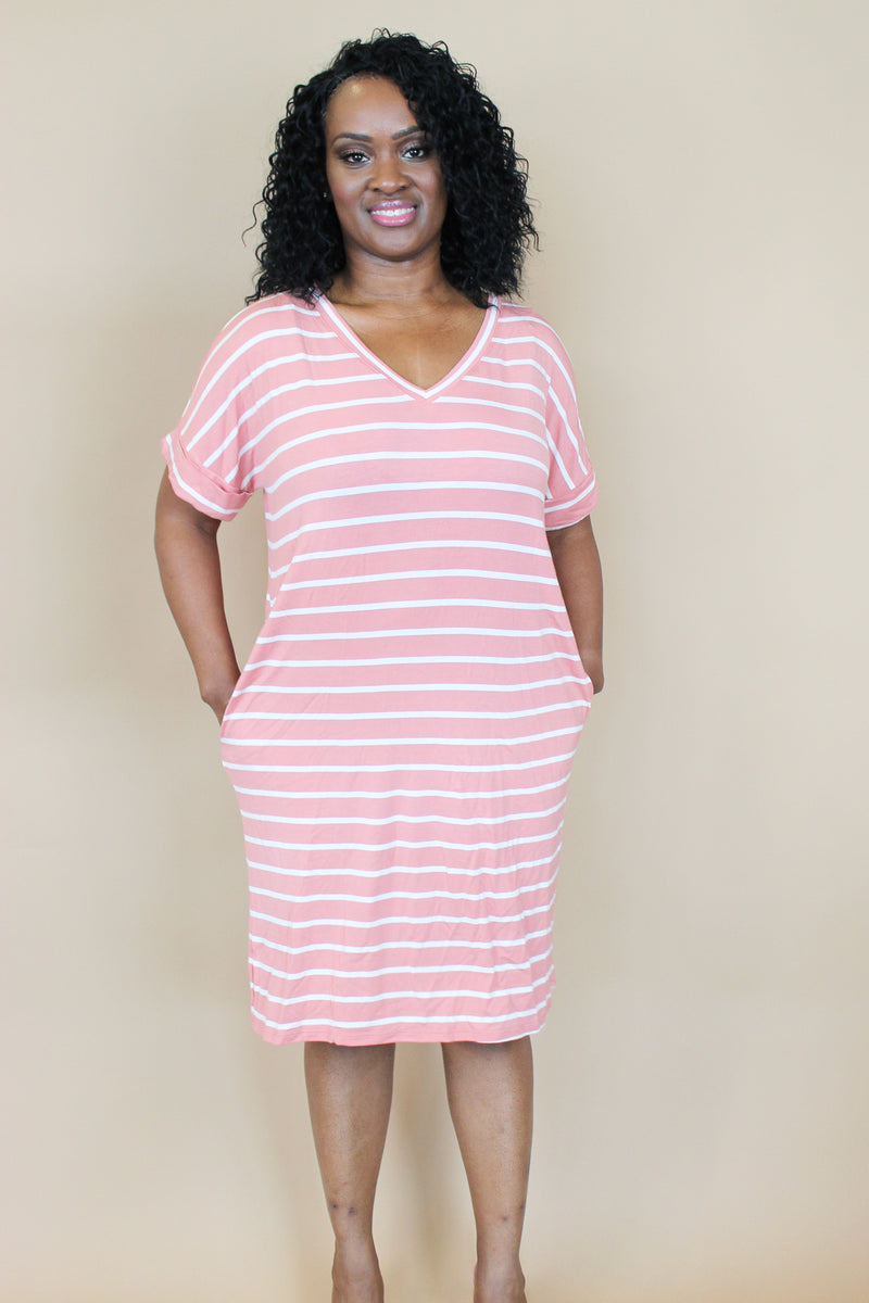 Tia Dress | Striped V-Neck | Ash Rose/Ivory - Forever Grace Boutique