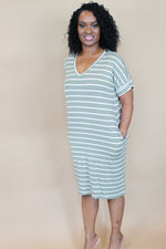 Tia Dress | Striped V-Neck | Ash Olive/Ivory - Forever Grace Boutique