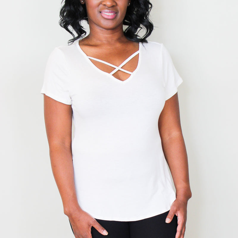 Truly | Off White Short Sleeve Round Hem Top With Cross Strap - Forever Grace Boutique