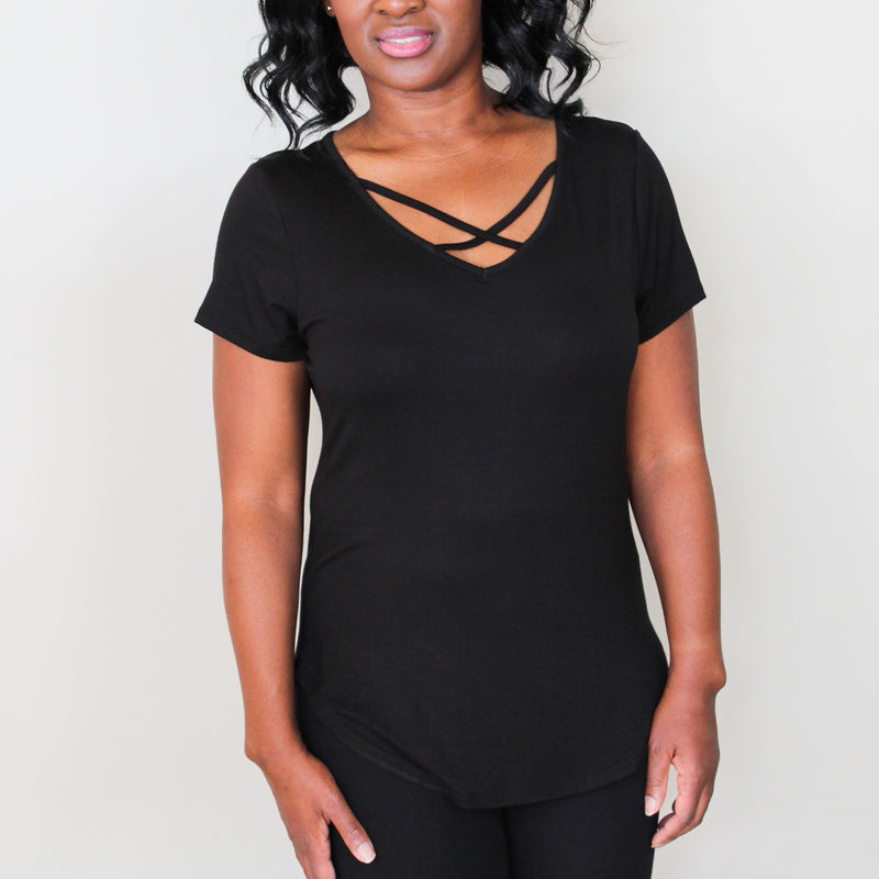 Truly |  Black Short Sleeve Round Hem Top With Cross Strap - Forever Grace Boutique